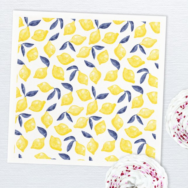 Watercolor Lemon Pattern Citrus Napkin (Blue yellow and white watercolor lemon pattern paper napkin)
