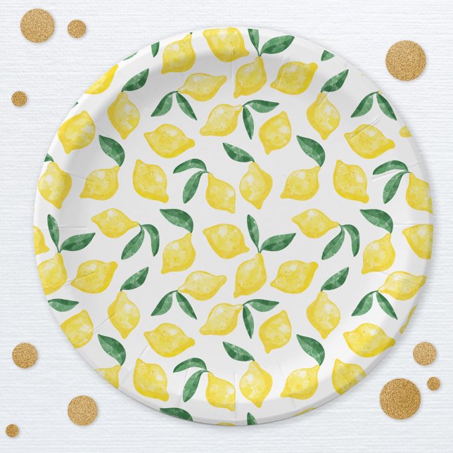 Watercolor Lemon Pattern Citrus Paper Plate (Citrus lemon mediterranean watercolor pattern party paper plates)