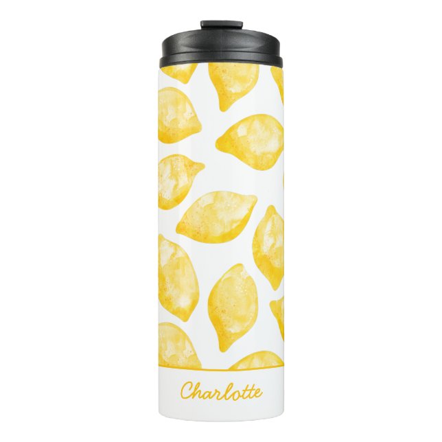 Watercolor Lemon Pattern Citrus Personalized Thermal Tumbler (Front)