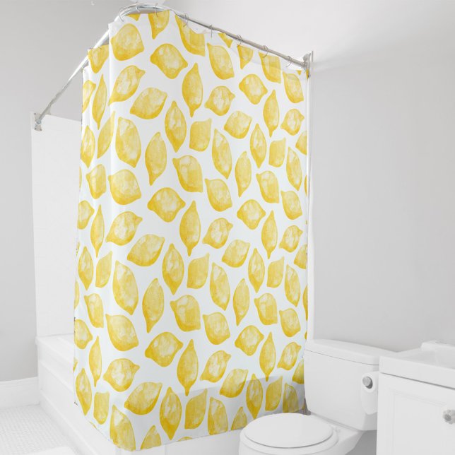 Watercolor Lemon Pattern Citrus Shower Curtain (Watercolor lemon fruit pattern yellow and white shower curtain)