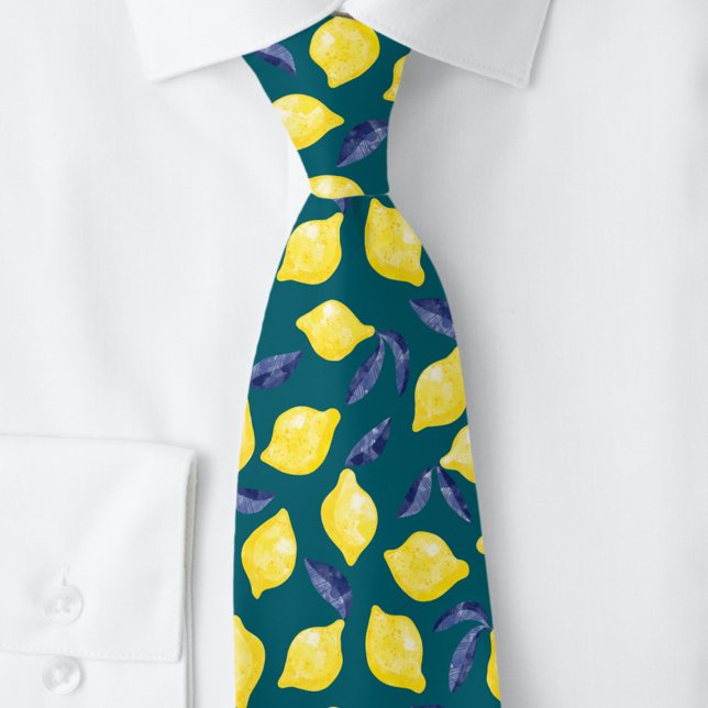 Watercolor Lemon Pattern Citrus Teal Green Tie (Fresh watercolor citrus lemon fruit dark teal green neck tie)