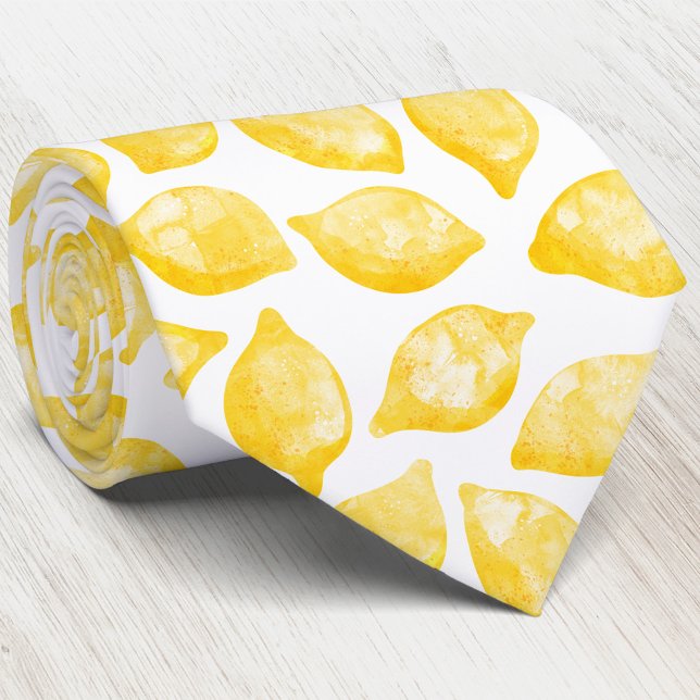Watercolor Lemon Pattern Citrus Tie (Watercolor lemon pattern yellow and white art neck tie)