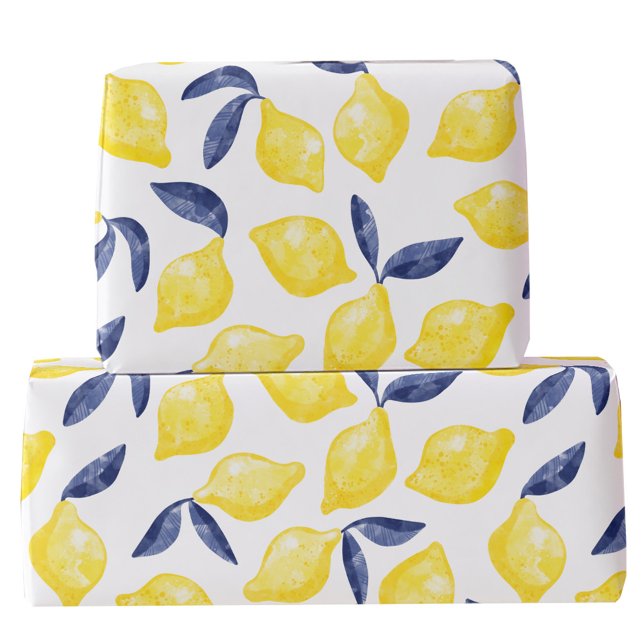 Watercolor Lemon Pattern Citrus Wrapping Paper (Fresh Mediterranean citrus watercolor lemon pattern yellow and blue gift wrapping paper roll)