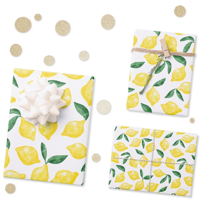 Watercolor Lemon Pattern Citrus Wrapping Paper Sheet (Fresh lemon watercolor pattern gift wrap sheets)
