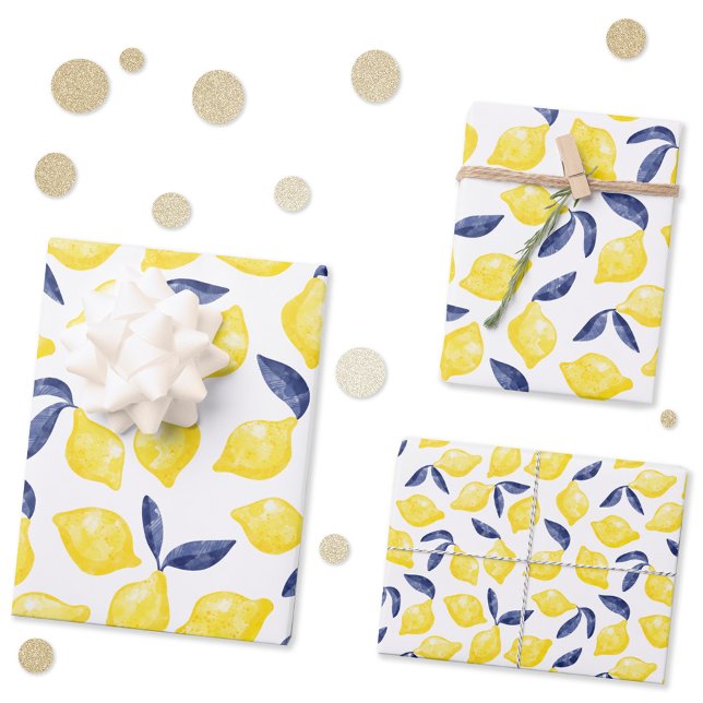 Watercolor Lemon Pattern Citrus Wrapping Paper Sheet (Fresh watercolor citrus lemon yellow white and blue pattern gift wrap paper sheets in 3 scales)