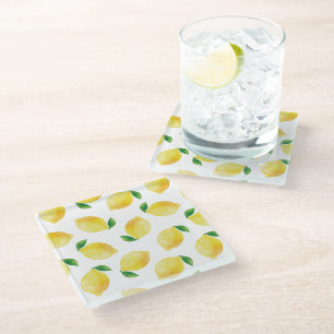 Watercolor Lemon Pattern Glass Coaster