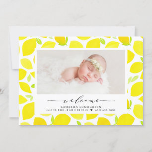 Watercolor Lemon Pattern Photo Birth Announcement