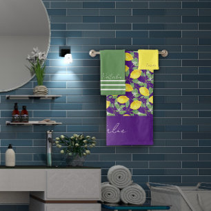 Watercolor lemon pattern purple green name  bath towel set