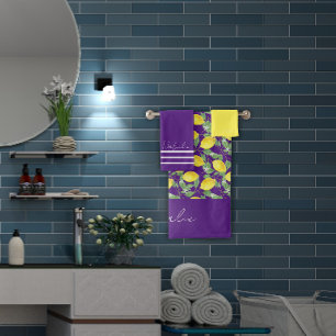 Watercolor lemon pattern purple name  bath towel set