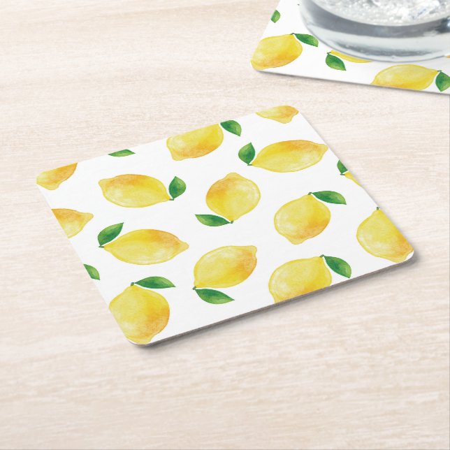Watercolor Lemon Pattern Square Paper Coaster (Angled)