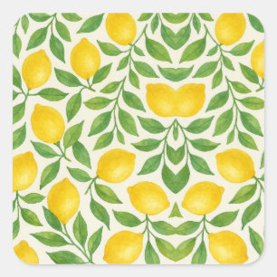Watercolor Lemon Pattern Square Sticker