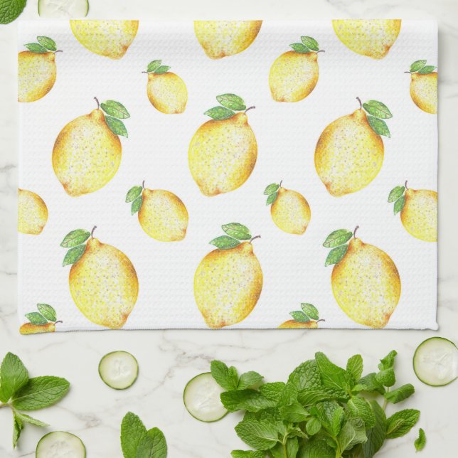 Watercolor Lemon Pattern Tea Towel (Folded)