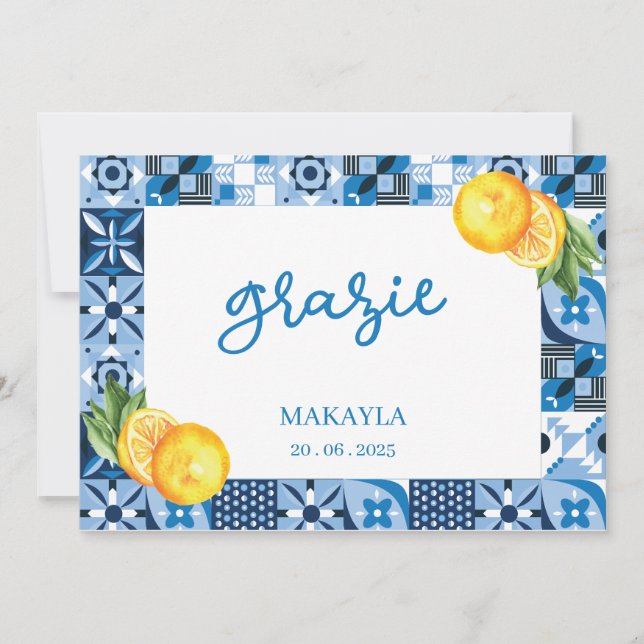 Watercolor Lemon Positano Bridal Shower Grazie Thank You Card (Front)