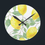Watercolor Lemon Round Clock<br><div class="desc">Watercolor Lemon,  textile,  fabric,  leaf,  green,  yellow,  lemon,  fruit,  seamless,  background,  natural,  design,  artwork,  mode,  pattern</div>