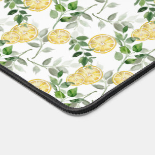 Watercolor Lemon Slices and Greenery Pattern Desk Mat