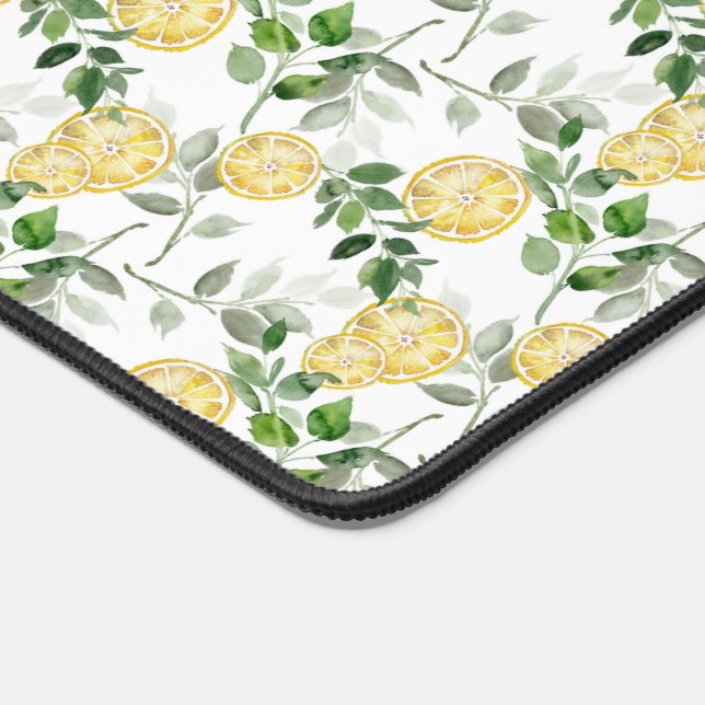 Watercolor Lemon Slices and Greenery Pattern Desk Mat (Corner)