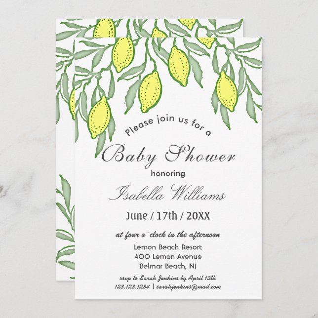 Watercolor Lemon Summer Baby Shower Invitation (Front/Back)