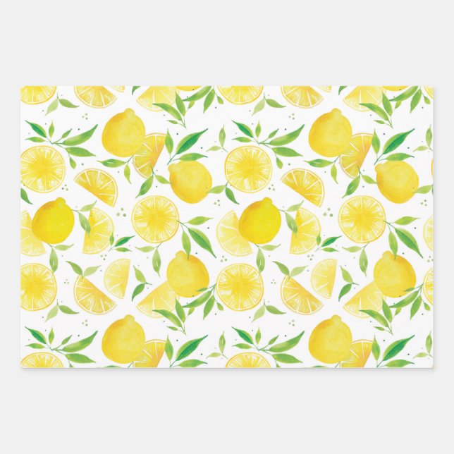 Watercolor Lemon Summer Shower Wrapping Paper Sheet (Front)