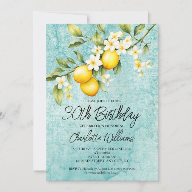 Watercolor Lemon Themed 30th Birthday Invitation (Front)