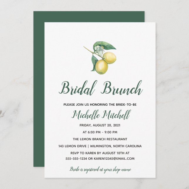 Watercolor Lemon Tree Branch | Bridal Brunch Invitation (Front/Back)