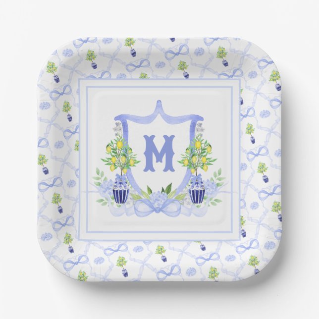 Watercolor Lemon Tree Monogram Crest Paper Plate (Front)