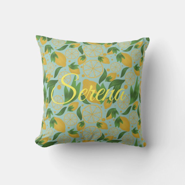 Watercolor Lemon Turquoise Fruit Personalised Cushion (Front)