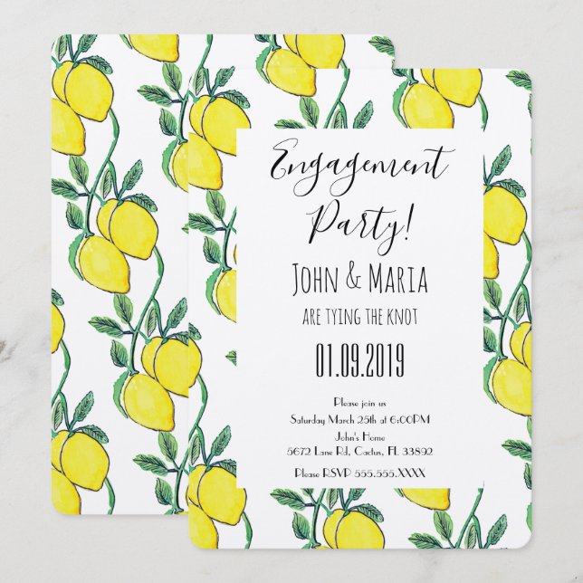 Watercolor Lemon Vine Bunch Engagement Party  Invitation (Front/Back)