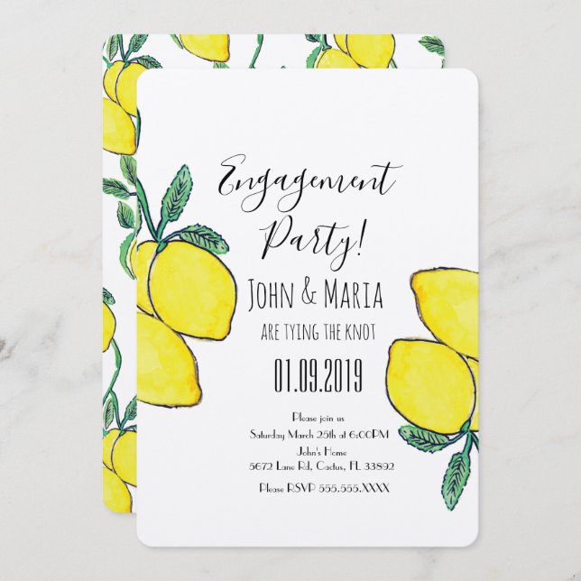 Watercolor Lemon Vine Greenery Engagement Kraft Invitation (Front/Back)
