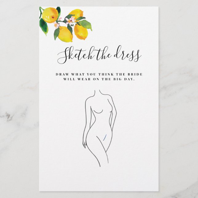 Watercolor Lemon Wedding Dress Bridal Shower Game (Front)
