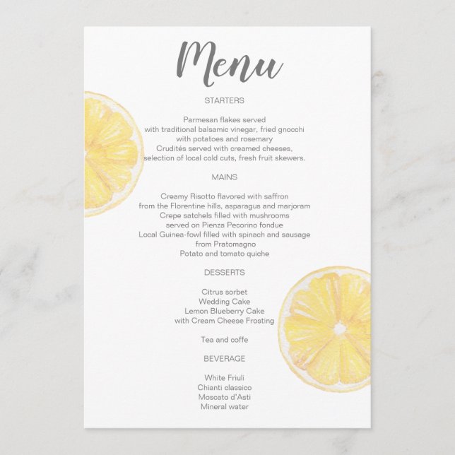 Watercolor Lemon Wedding Menu (Front)