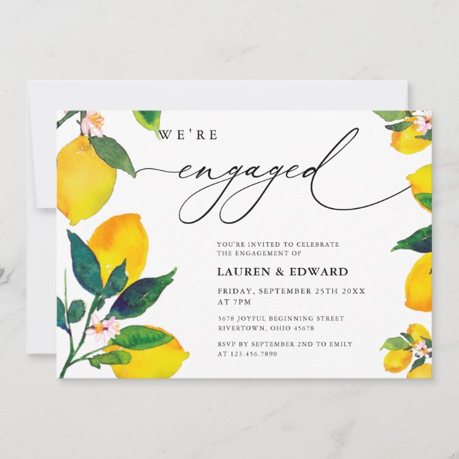 Watercolor Lemon We're Engaged Engagement Party  Invitation (Front)