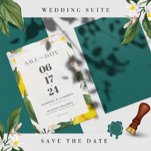 Watercolor Lemon, White Flower Wedding Invitation