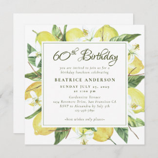 Watercolor Lemon Wreath 80th Birthday Brunch Invitation