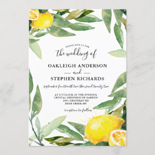 Watercolor Lemon Wreath Boho Wedding Invitation