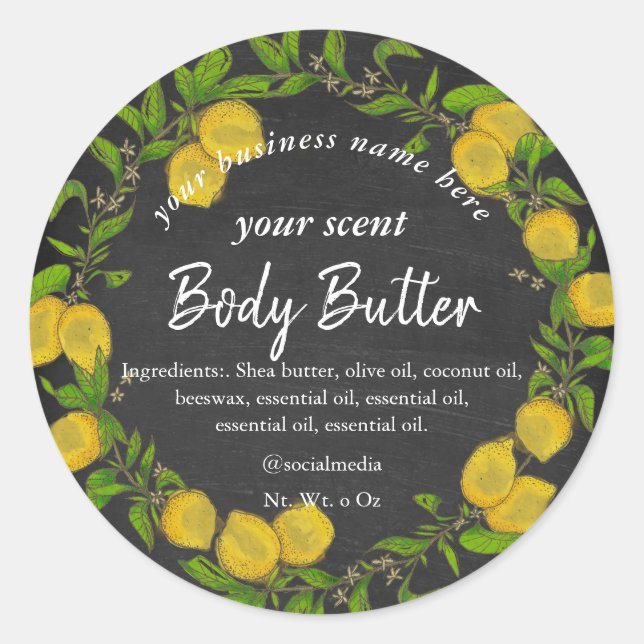Watercolor lemon wreath chalkboard body butter classic round sticker (Front)