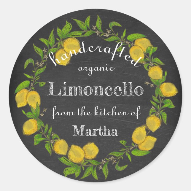 Watercolor lemon wreath chalkboard limoncello classic round sticker (Front)