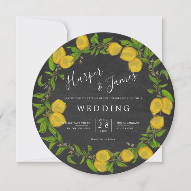 Watercolor lemon wreath chalkboard round wedding invitation (Front)