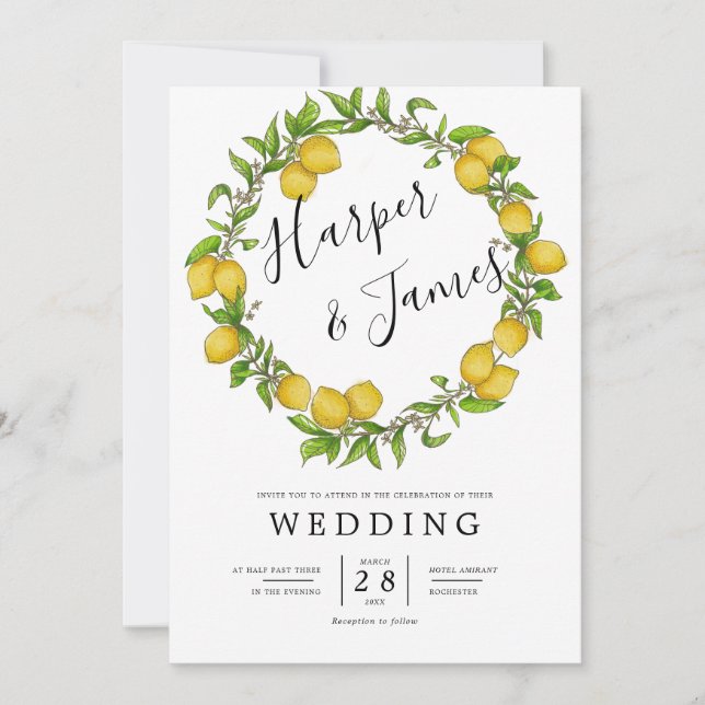 Watercolor lemon wreath details wedding invitation (Front)