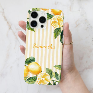 Watercolor Lemon Yellow Stripes Personalised Name iPhone 16 Pro Max Case