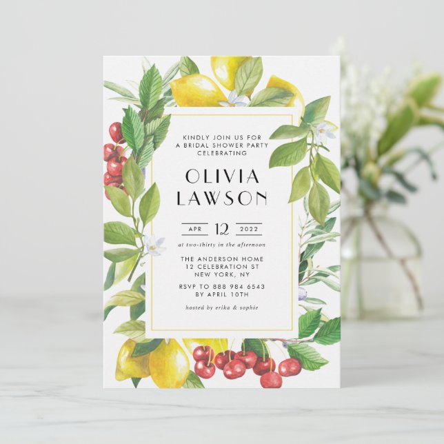 Watercolor Lemons and Cranberries Bridal Shower Invitation (Standing Front)