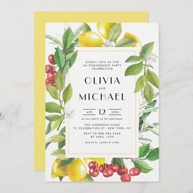 Watercolor Lemons and Cranberries Engagement Party Invitation (Front/Back)