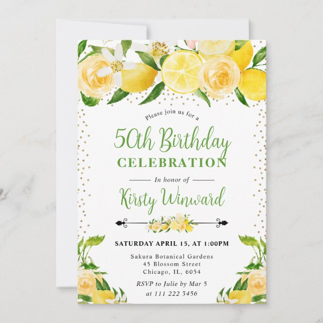 Watercolor Lemons and Flowers 50th birthday Invitation (Front)