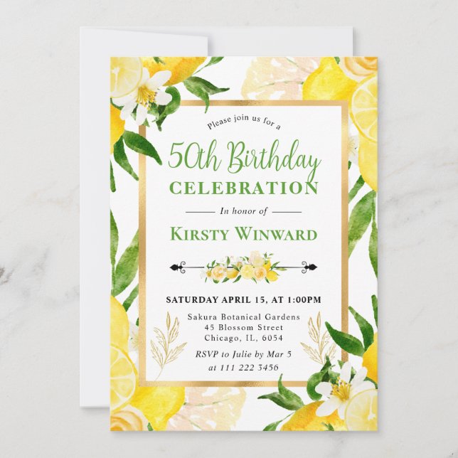Watercolor Lemons and Flowers 50th Birthday Invitation (Front)