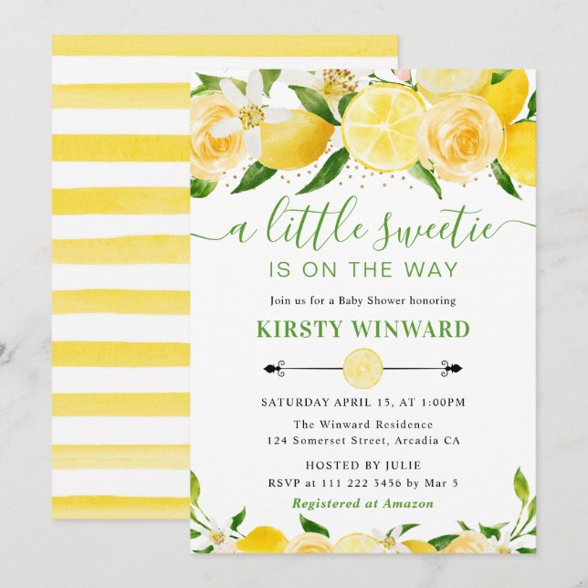 Watercolor Lemons and Flowers Baby Shower Invitation (Front/Back)