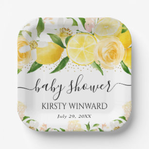 Watercolor Lemons and Flowers Baby Shower Paper Plate