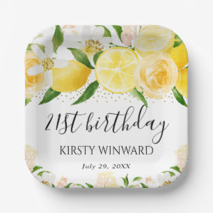 Watercolor Lemons and Flowers Birthday Paper Plate