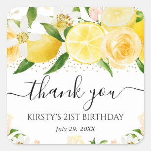 Watercolor Lemons and Flowers Birthday Party Square Sticker