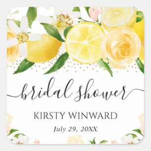 Watercolor Lemons and Flowers Bridal Shower Square Sticker