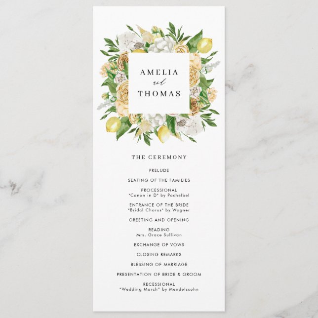 Watercolor Lemons and Flowers Summer Wedding Programme (Front)
