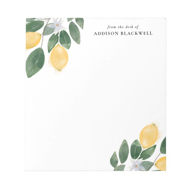 Watercolor Lemons and Foliage Notepad with Name (Front)